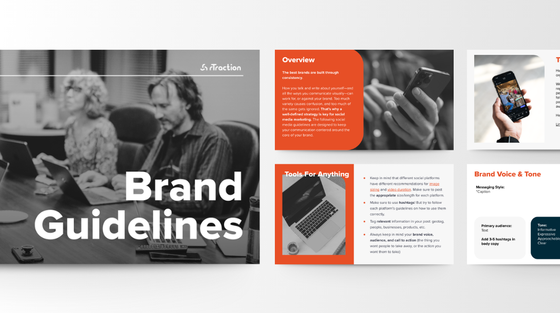 A mockup of brand guidelines that showcases the rTraction brand in a visual design manner with instructions on how to use.